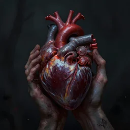scary hand holding human heart, darkness, hyper realism, mystery, scared, fantasy, dark, highly detailed, digital painting, concept art, sharp focus, illustration, epic light, artstation