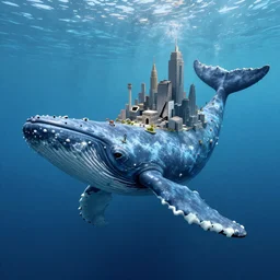 A giant blue whale in an empty ocean, the whale has a city of ruins on it's back, cg artist, fantasy art