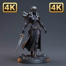 80mm resin detailed miniature of a Dark Elf Female, clothed in dark elf suit, black skin, red eye, long sliver hair, Elven Dagger, Product Introduction Photos, 4K, Full body
