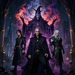 high fashion, beautiful portrait, mix of asian anthony hopkins, tom cuise, evil powerful wizard mage, intricate colorful cosmic uncontrollable smoke magic, bloodborne, skyrim, witcher, baroque gothic victorian interior cyberpunk city vista, artstation, tyle of artgerm, andreas rocha, hiroshi nagai