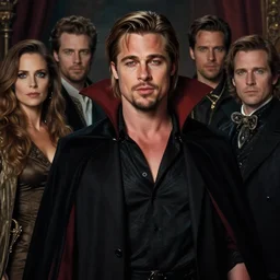 majestic humble long brown haired slick, no beard!!!, 2 5 y / o brad pitt as vampire louis du point du lac portrait, atmospheric lighting, painted, voluptuous, menacing, intricate, volumetric lighting, rich deep colours masterpiece, sharp focus, ultra detailed, by leesha hannigan, ross tran, thierry doizon, kai carpenter, ignacio fernandez rios