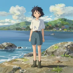 a painting of a woman standing on a rocky beach, a storybook illustration by makoto shinkai, featured on pixiv, serial art, speedpainting, artstation hd, 2 d game art