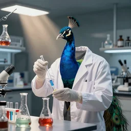 a photo pf an peacock dressed as a scientist doing chemistry experiments in a laboratory