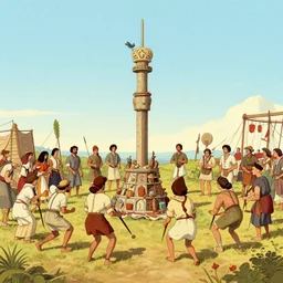 A vintage scientific illustration from the 1970s of cult sacrifice at the mid summer festival by Wes Anderson