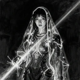 awe-inspiring award-winning grainy black and white concept art full body face portrait painting of lithe, petite, attractive anglerfish cyberpunk Ashley Liao in neon shrouds as the goddess of lasers, sparks, by Julie Bell, Jean Delville, Virgil Finlay, Alphonse Mucha, Ayami Kojima, Amano, Charlie Bowater, Karol Bak, Greg Hildebrandt, Jean Delville, Frank Frazetta, Peter Kemp, and Pierre Puvis de Chavannesa, extremely moody lighting, glowing light and shadow, atmospheric, shadowy, cinematic, 8K,