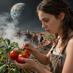 closeup hyperdetailed shot if a gorgeous beautiful girl on ganymede caring for ripen tomato plants inside a crater filled with smoke, planet in the sky by leesha hannigan and ross tran and thierry doizon and kai carpenter and ignacio fernandez rios and craig mullins, ilya kuvshinov, krenz cushart, artgerm trending on artstation by edward hopper and dan mumford and wlop and rutkovsky, carl spitzweg and moebius, unreal engine 5, lumen, nanite