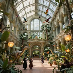 Matte painting of the interior view of giant botanical museum. ArtNouveau architecture. Colorful birds flying. Exotic plants. Paper lanterns. Glowing butterflies. Small dinosaurs. Witches and wizards studying and walking. Fantastical, detailed digital art trending in artstation