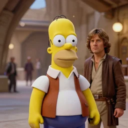 photo of homer simpson as luke skywalker in mos eisley, cinestill 8 0 0 t, 8 5 mm f / 1. 8, bokeh, cinematic