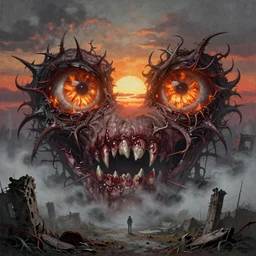 an incredibly beautiful but ominous matte painting depicting horrifying huge burning eyes and jagged bloody teeth and thorns, overgrowing a desolate ruins submerged in fog beneath the setting sun by lisa frank and beksinski and wayne barlowe, exquisite detail, post processing, masterpiece, cinematic, sharp focus, deep colors