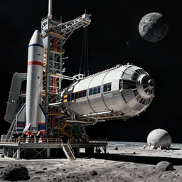 scifi cargo spaceship starting from rocket launch platform in space, moon base, retrofuturism by tony diterlizzi