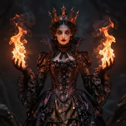 Detailed Beautiful and symmetrical witch of fire wearing victorian dress and rusty crown, dark souls, concept art