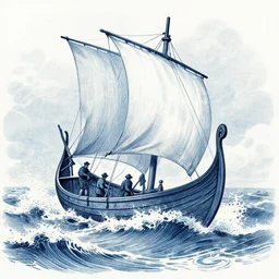a viking boat, at see on high waves, lots of wind, spray, see foam, blue ink, engraving