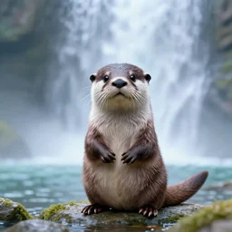 A cute otter playing in front of a huge ethereal waterfall, advanced digital art, intricate details, 8k