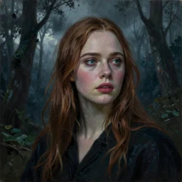 Elle Fanning in the cultist woods in the world of Adam Wyeth, head and shoulders, stormy weather, extremely detailed masterpiece, oil on canvas, low-key neon lighting, artstation, Blade Runner 2049, Roger Deakin’s cinematography, by J. C. Leyendecker and Peter Paul Rubens and Edward Hopper and Michael Sowa,