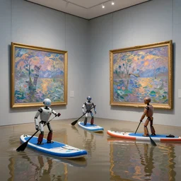 an art gallery displaying monet paintings. the art gallery is flooded. robots are going around the art gallery using paddle boards.