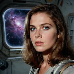 close face portrait of Mila Kunis chilling in an derelict space station with a window on a nebula, 1970, Ludek Pesek, Rick Guidice, Chesley Bonestell, Lucien Rudaux, Rolf Klep, Fred Freeman, George Pal