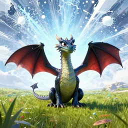 A dragon stands in the middle of a meadow, no humans in the scene, , mattepainting concept Blizzard pixar maya engine on stylized background splash comics global illumination lighting artstation  lois van baarle, ilya kuvshinov, rossdraws