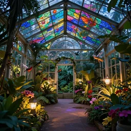 magician's tropical greenhouse garden with colored glass cover, outside of time and space, birds, flowers, fairy tale, night lighting, gorgeous lighting, dramatic cinematic lighting, intricate, highly detailed, low angle view, mysterious, comfort, 8 k