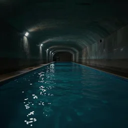an endless dimly lit tunnel, filled with water like a swimming pool, dark and extremely moody, dreamlike, liminal space