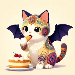 a colorful, cute cat with full body mandala patterns, bat wings, eating cake