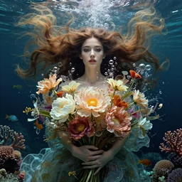portrait of a beautiful mysterious woman, holding a bouquet of large flowing flowers, bubbles, upward flowing long hair, hands disappeared under the bouquet, underwater with coral and fish, telephoto lens, fantasy, regal, intricate, by stanley artgerm lau, greg rutkowski, thomas kinkade, alphonse mucha, loish, norman rockwell