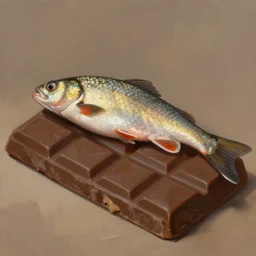 a fish laying on top of a chocolate bar. soft, atmospheric, warm lighting. highly detailed digital painting by mandy jurgens.