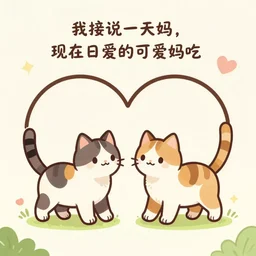cute storybook art of two calico cats walking together with their tails forming a heart shape