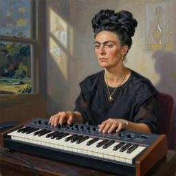 painting of synthesiser pioneer Robert Moog by Frida khalo