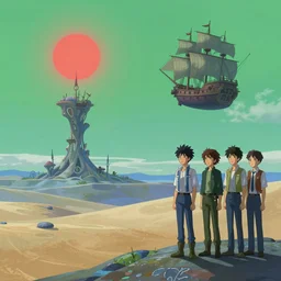 blue desert, organic tower in the distance, green sky with a red sun, pirate ship floating in the sky, official fanart behance hd artstation by jesper ejsing, by rhads, makoto shinkai and lois van baarle, ilya kuvshinov, ossdraws