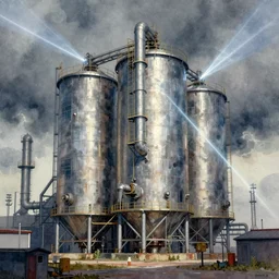 concept art of a industrial complex silo, pinterest, artstation trending, behance, watercolor, by coby whitmore, silver, laser light,