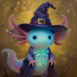 Storytime perspective Bioluminescent, portrait of axolotl wearing wizard hat,  very intricate , trending on artstation , very elegant, in the golden hour by Daniel Merriam, Trending on Artstation, oil on Canvas by Elena Zhurikhina and Goro Fujita and Charlie Bowater, octane render, 4k, 8k, HD