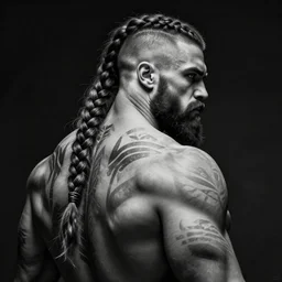 back portrait, black and white concept art of a tall muscular man, with a full black beard, barbarian with white and gray skin, very short hair on sides of head, long braided hair on top of head, tribal tattoos on back, grog, upper body portrait, style by donato giancola, wayne reynolds, jeff easley dramatic light, high detail, cinematic lighting, artstation, dungeons and dragons
