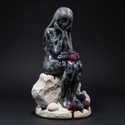 sculpture of a tall emo girl and berries, made from obsidian and and pumice and japanese glazed pottery, sensual, berry juice dripping, black background, zen,