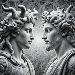 a portrait of perseus vs medusa gorgon character portrait made of fractals facing each other, ultra realistic, wide angle, intricate details, the fifth element artifacts, highly detailed by peter mohrbacher, hajime sorayama, wayne barlowe, boris vallejo, aaron horkey, gaston bussiere, craig mullins