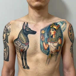 a young man has beautiful glowing tattoos on his chest and shoulders, that are strange, descriptive, graphically visual, full of interesting subjects described in great detail, painted by an artist, and unique without repetition : anubis on the left shoulder, ma'at on the right by lyubov popova and barbara kruger, style of paleolithic