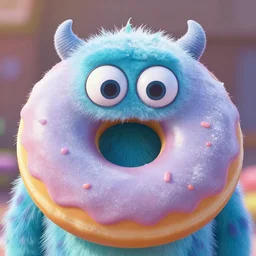 frosted donut monster with googly eyes, by pixar, ghibli