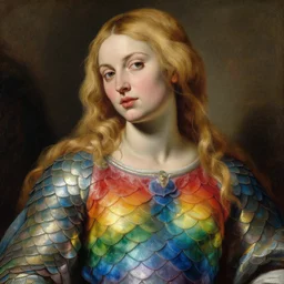 seductive saoirse ronan, blonde hair, wearing rainbow scales, oil painting by titian, hard focus