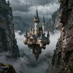 floating castle hanging by chains in the air, in between a gorge, below only cloud dark void, 8k resolution, octane,