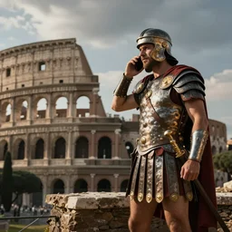 roman gladiator trying to catch signal on his phone