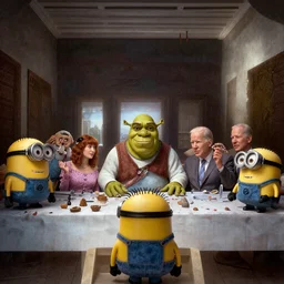 Minions sittin on last supper with shrek and sasha grey and joe biden featured on artstation, cinematic chiaroscuro, photorealistic, unreal engine