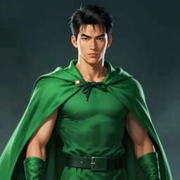 a young handsome asian demigod wearing a green cape and fingerless gloves. superhero. portrait. digital art. trending on artstation. character design. epic. dramatic lighting. krenz cushart greg manchess shigenori soejima. waterhouse.