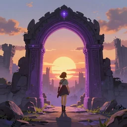 Magical purple portal, castle ruins in background, sunset, glowing sun, miss, style of breath of the wild, studio ghibli