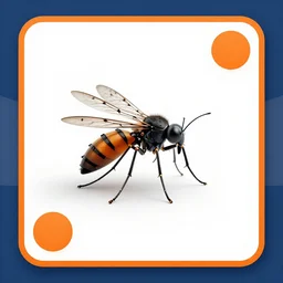3D render of a robot mosquito with a white background with a orange border and a blue gradient background with two orange circles High detail, octane render