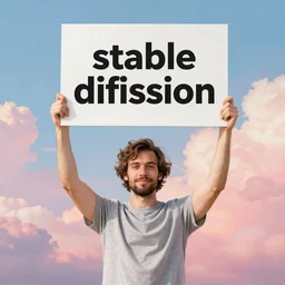 a man holding up a sign that says stable diffusion, dreamlike, pastel art by greg rutkowski