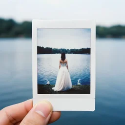 a 2 8 mm holga photo from the back of a woman in a formal gown at the edge of a lake, splash art, movie still, bokeh, canon 5 0 mm, cinematic lighting, dramatic, film, photography, golden hour, depth of field, award - winning, anamorphic lens flare, 8 k, hyper detailed, 3 5 mm film grain