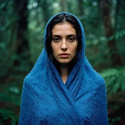 closeup portrait of a woman wrapped in blue fiber, standing in a rainforest, color photograph, by vincent desiderio, canon eos c 3 0 0, ƒ 1. 8, 3 5 mm, 8 k, medium - format print