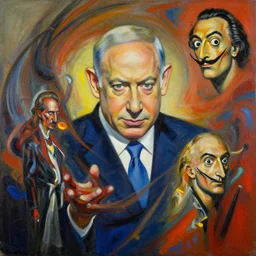 benjamin netanyahu swirling into madness, abstract painting, by michael cheval and salvador dali and wayne barlowe
