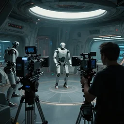 vfx film, behind the scenes, on set, set design, making of, big film production, camera filming futuristic spacex humanoid robots, high tech space ship interior, flat color profile low - key lighting award winning photography arri alexa cinematography, hyper real photorealistic cinematic, atmospheric cool colorgrade