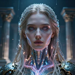 a cyberpunk close up portrait of cyborg zeus, electricity, sparks, bokeh, soft focus, sparkling, glisten, water drops, cold, dark, geometric, temples behind her, by paul lehr, jesper ejsing