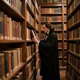 enormous library, stylish dracula searches the books vintage 4 k photograph